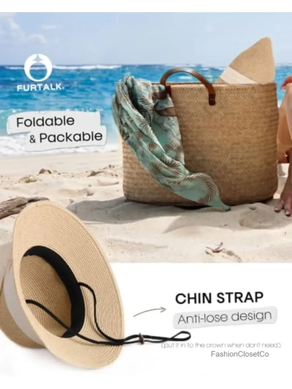 Women's UV Protection Packable Foldable Straw Sun Hat with Chin Strap